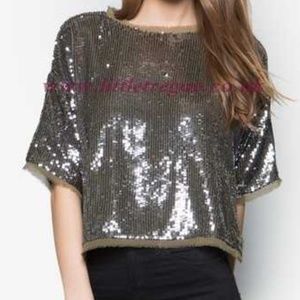 Topshop Sequins and Silk Cropped T-Shirt